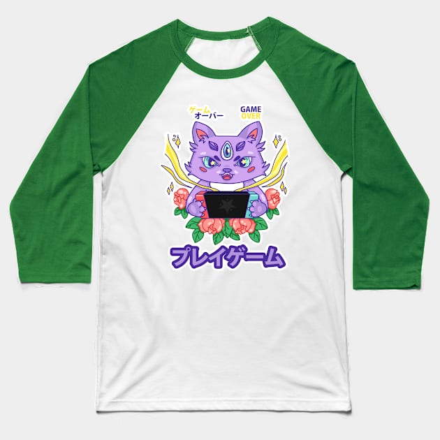 Kitty Gamer Baseball T-Shirt by RainenLeaf